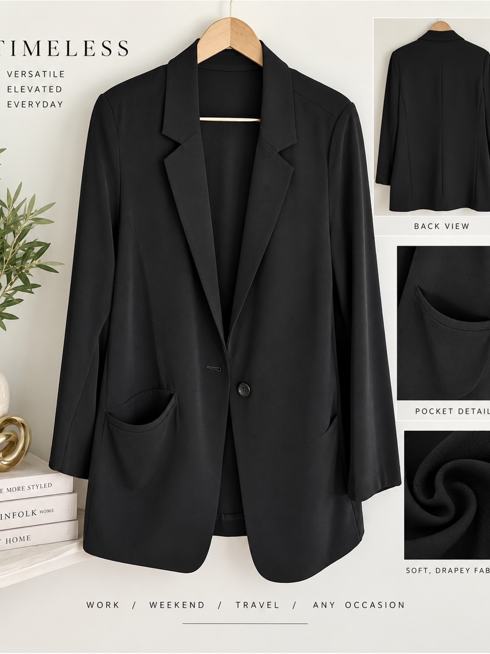 UNIQLO Black Oversized Boyfriend Blazer Longline Single Button Relaxed Fit